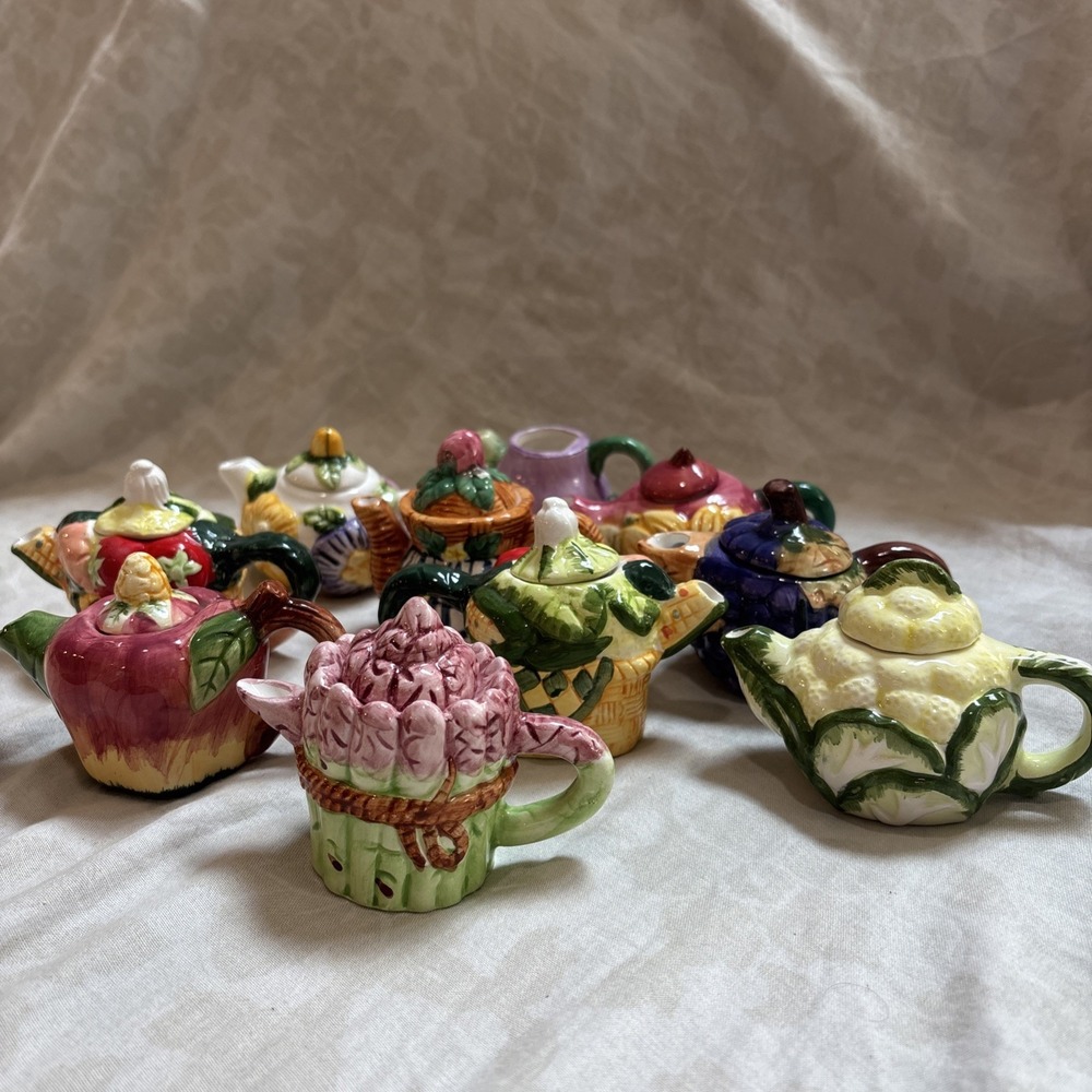 Miniature Ceramic Teapots Fruits Vegetables Flowers Lot of 10 Colorful Gantz